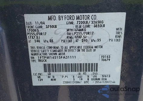 2005 Ford F-150 Fx4/Lariat/Xlt из США, поврежденный, VIN 1FTPW14515FA31111